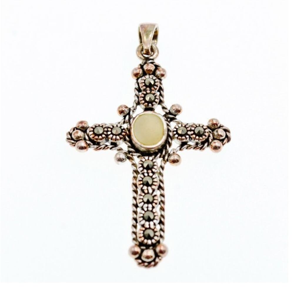 925 Sterling Silver Mother Of Pearl & Marcasites Cross Pendant